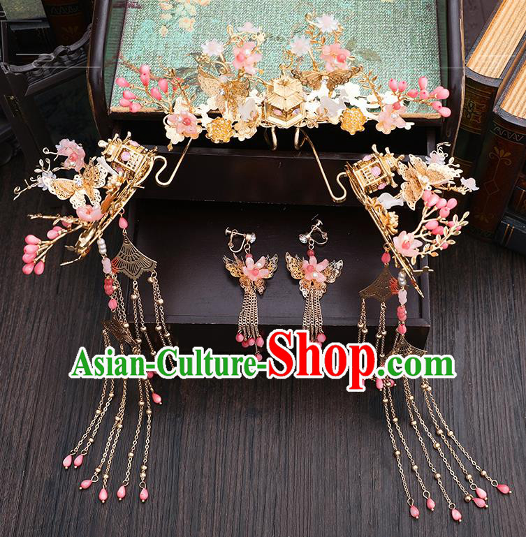 Traditional Chinese Wedding Pink Peach Blossom Hair Comb Hairpins Handmade Ancient Bride Hair Accessories for Women