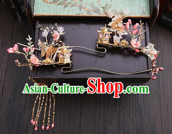 Traditional Chinese Wedding Pink Peach Blossom Hair Comb Hairpins Handmade Ancient Bride Hair Accessories for Women