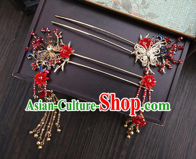 Traditional Chinese Wedding Red Flowers Hair Comb Hairpins Handmade Ancient Bride Hair Accessories for Women