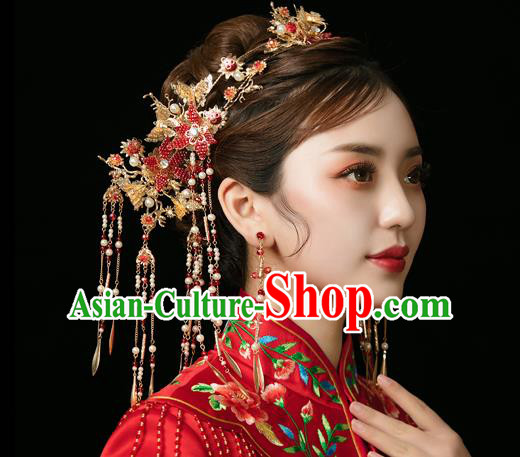 Traditional Chinese Wedding Red Star Hair Clasp Hairpins Handmade Ancient Bride Hair Accessories for Women