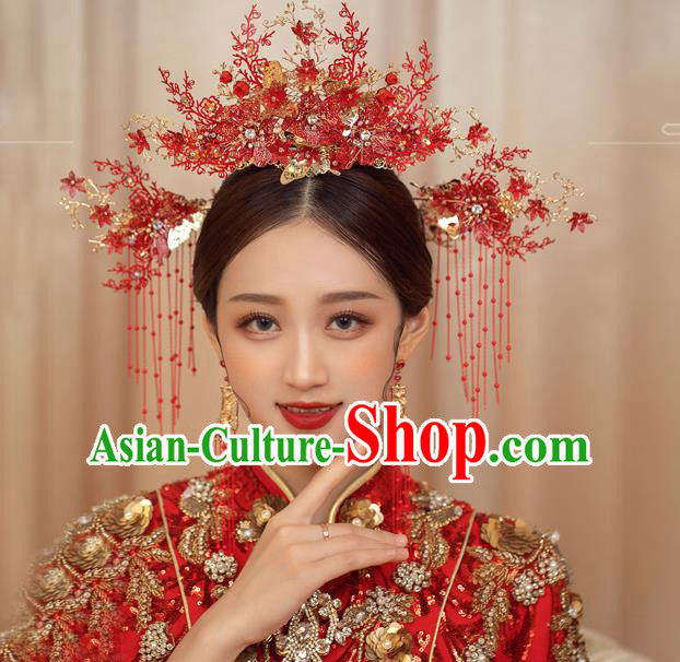 Traditional Chinese Handmade Red Flowers Chaplet Hairpins Ancient Bride Hair Accessories for Women