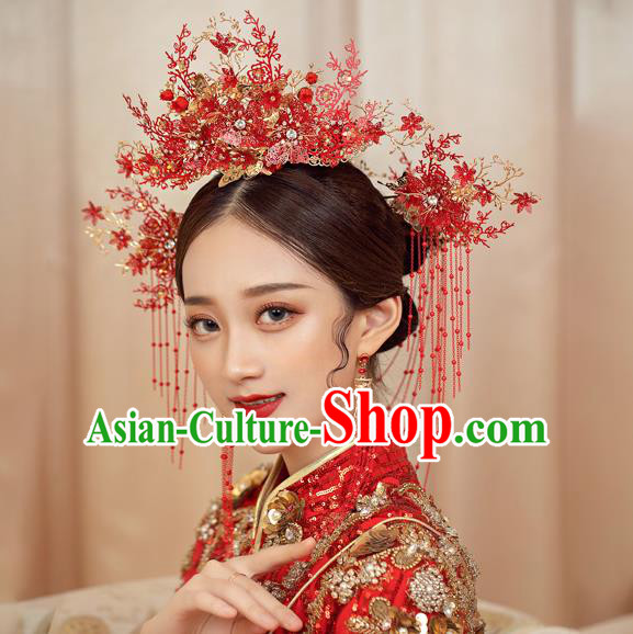 Traditional Chinese Handmade Red Flowers Chaplet Hairpins Ancient Bride Hair Accessories for Women