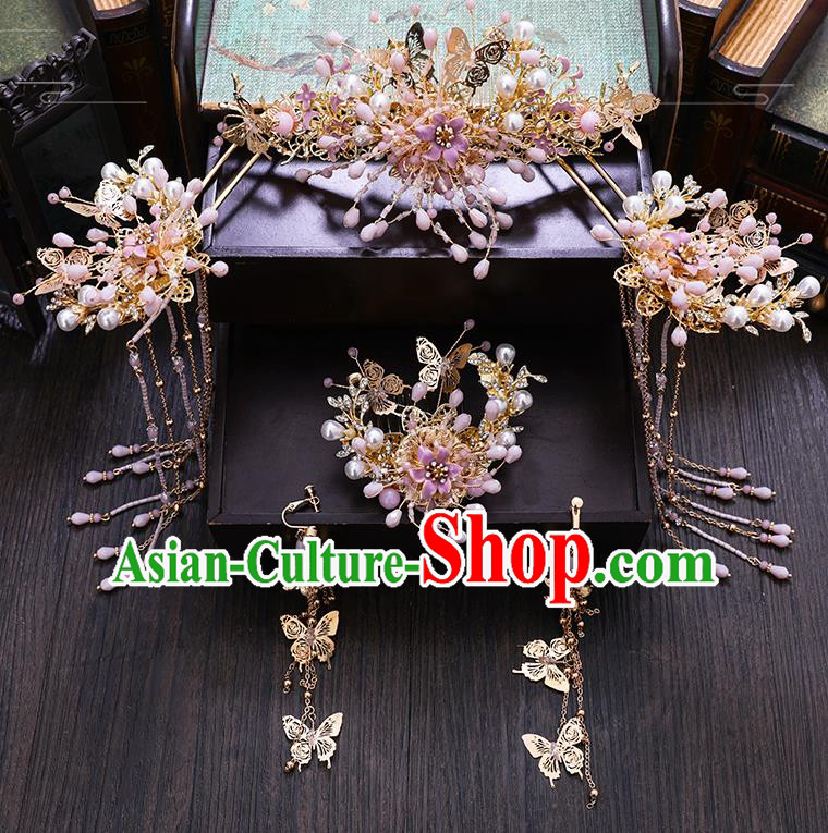 Traditional Chinese Wedding Pink Beads Hair Comb Hairpins Handmade Ancient Bride Hair Accessories for Women