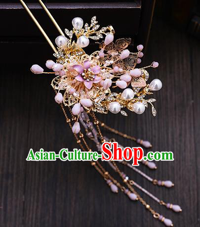 Traditional Chinese Wedding Pink Beads Hair Comb Hairpins Handmade Ancient Bride Hair Accessories for Women
