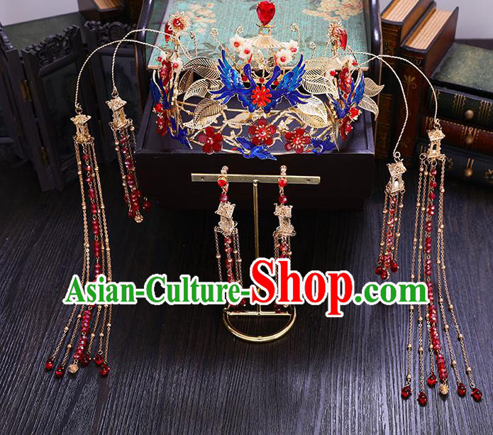 Traditional Chinese Wedding Blueing Crane Phoenix Coronet Hairpins Handmade Ancient Bride Hair Accessories for Women