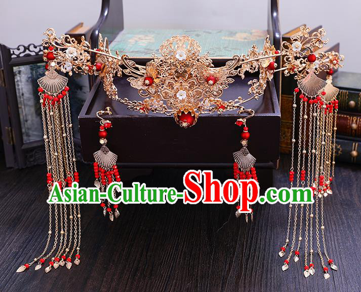 Traditional Chinese Wedding Golden Lotus Phoenix Coronet Hairpins Handmade Ancient Bride Hair Accessories for Women