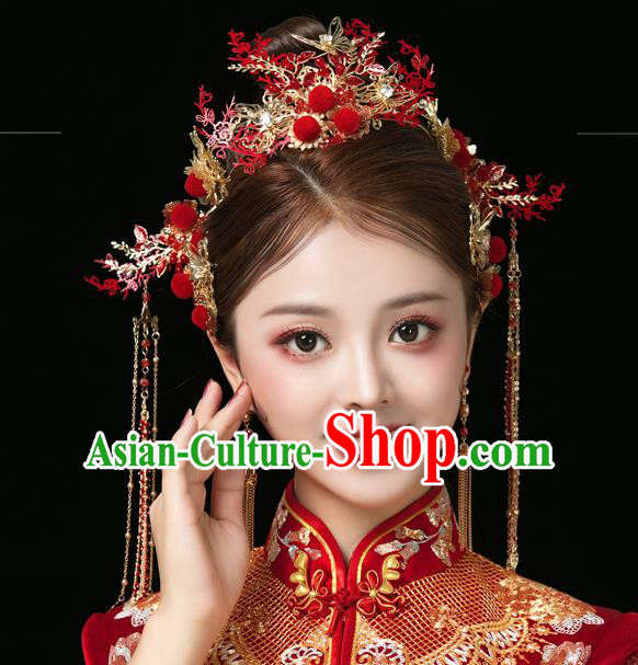 Traditional Chinese Handmade Red Hair Crown Chaplet Hairpins Ancient Bride Hair Accessories for Women