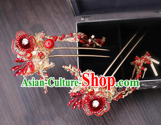 Traditional Chinese Wedding Red Beads Hair Comb Tassel Hairpins Handmade Ancient Bride Hair Accessories for Women
