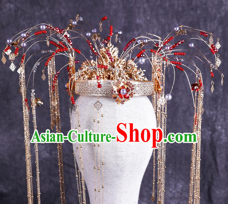 Traditional Chinese Handmade Red Beads Hair Crown Chaplet Hairpins Ancient Bride Hair Accessories for Women