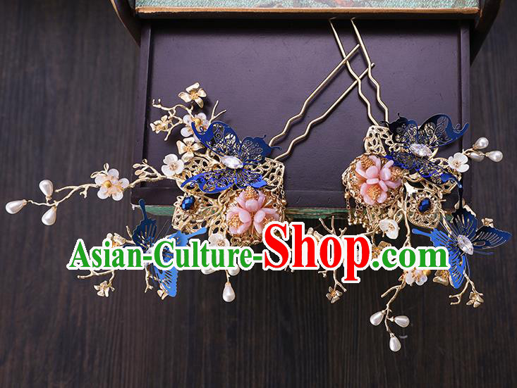 Traditional Chinese Wedding Blue Butterfly Hair Crown Hairpins Handmade Ancient Bride Hair Accessories for Women