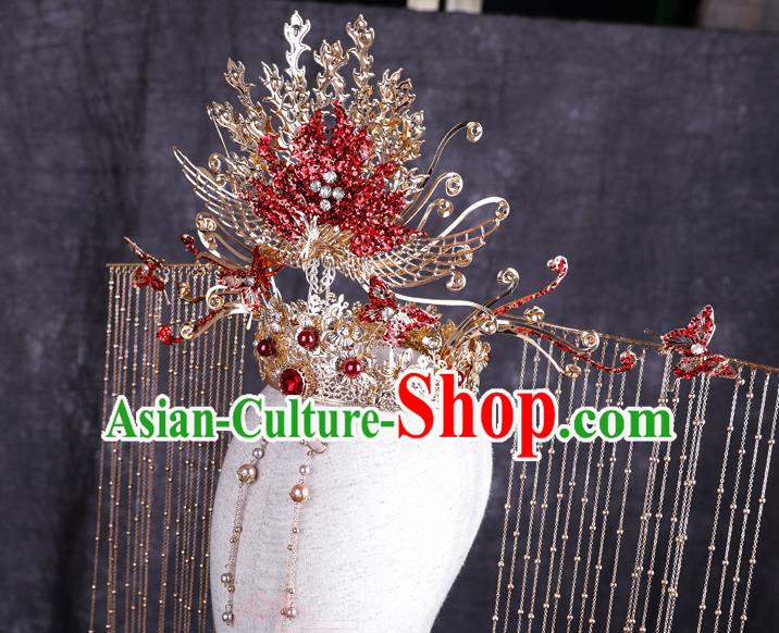Traditional Chinese Handmade Red Crystal Butterfly Hair Crown Chaplet Hairpins Ancient Bride Hair Accessories for Women