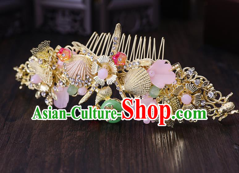 Traditional Chinese Wedding Pink Flowers Hair Combs Tassel Hairpins Handmade Ancient Bride Hair Accessories for Women