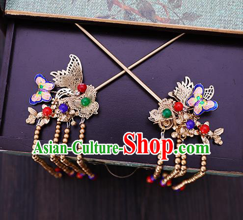 Traditional Chinese Wedding Cloisonne Butterfly Hair Clasp Tassel Hairpins Handmade Ancient Bride Hair Accessories for Women