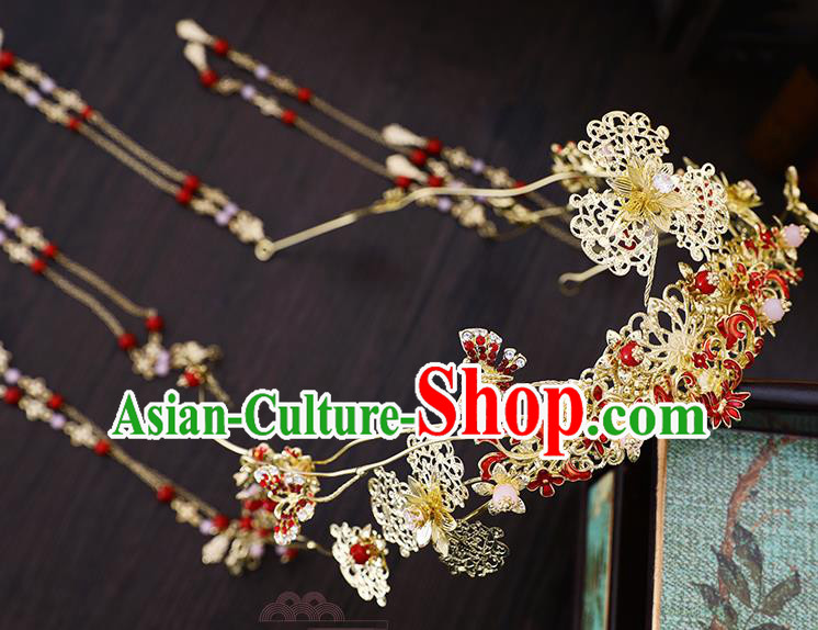 Traditional Chinese Wedding Cloisonne Red Lotus Hair Crown Tassel Hairpins Handmade Ancient Bride Hair Accessories for Women