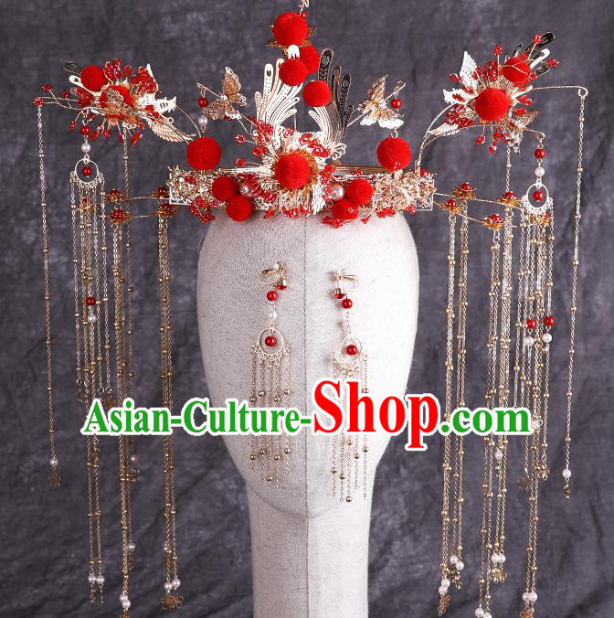 Traditional Chinese Handmade Red Venonat Hair Crown Chaplet Hairpins Ancient Bride Hair Accessories for Women