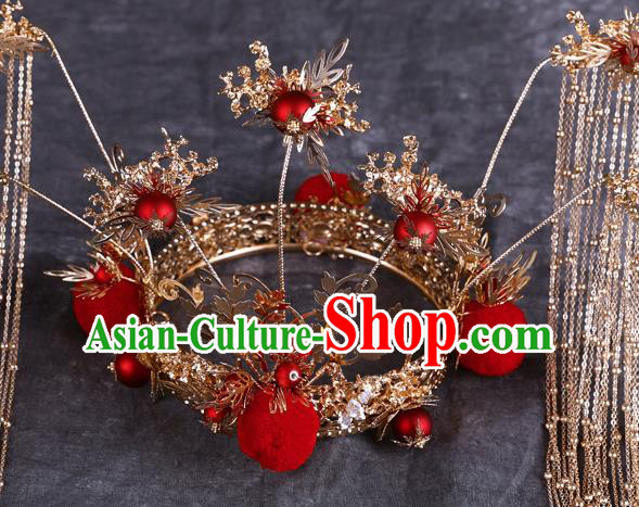 Traditional Chinese Handmade Red Venonat Chaplet Hair Crown Hairpins Ancient Bride Hair Accessories for Women