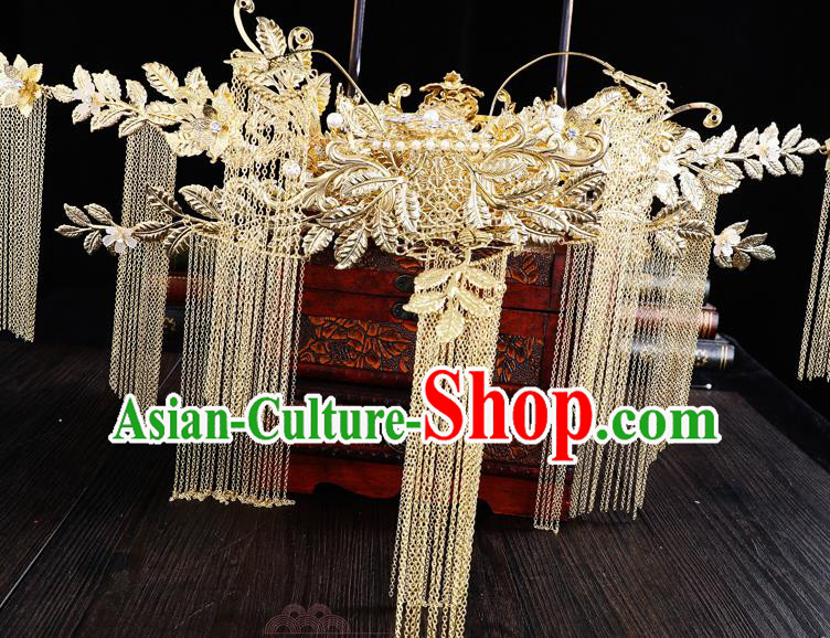 Traditional Chinese Handmade Golden Tassel Chaplet Hair Crown Hairpins Ancient Bride Hair Accessories for Women