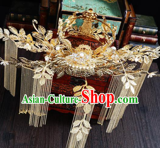 Traditional Chinese Handmade Golden Tassel Chaplet Hair Crown Hairpins Ancient Bride Hair Accessories for Women