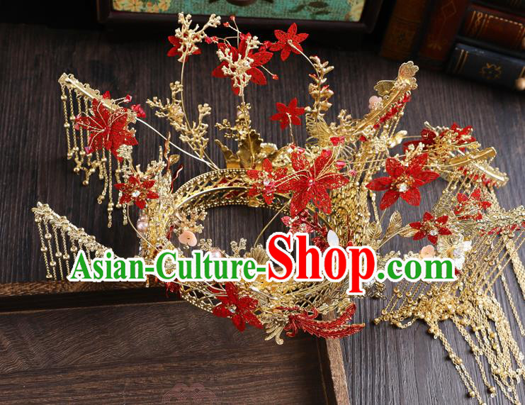 Traditional Chinese Handmade Golden Chaplet Hair Crown Hairpins Ancient Bride Hair Accessories for Women