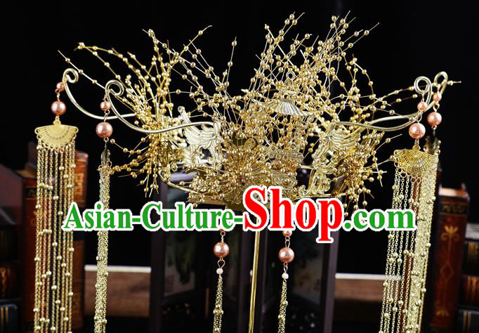 Traditional Handmade Chinese Golden Tassel Hair Crown Hairpins Ancient Bride Hair Accessories for Women