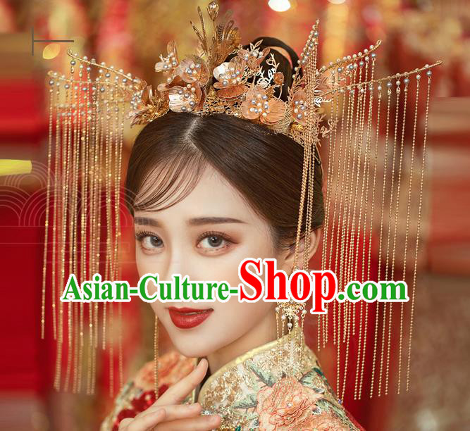 Traditional Chinese Handmade Golden Tassel Phoenix Crown Hairpins Ancient Bride Hair Accessories for Women
