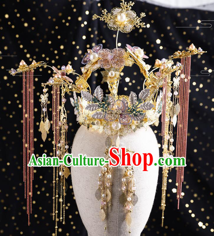 Traditional Handmade Chinese Wedding Tassel Golden Coronet Hairpins Ancient Bride Hair Accessories for Women