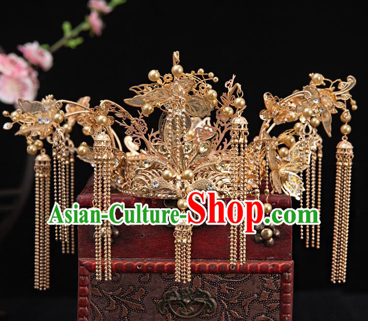 Traditional Chinese Handmade Golden Butterfly Tassel Phoenix Crown Hairpins Ancient Bride Hair Accessories for Women