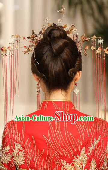 Traditional Chinese Handmade Red Tassel Butterfly Crown Hairpins Ancient Bride Hair Accessories for Women