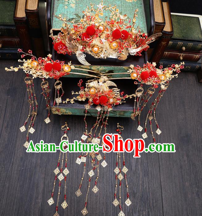 Traditional Handmade Chinese Wedding Red Venonat Phoenix Hair Crown Hairpins Ancient Bride Hair Accessories for Women
