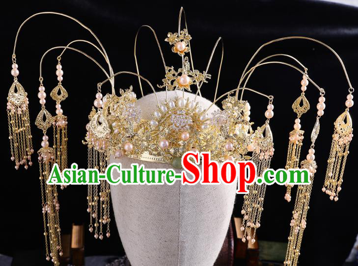 Traditional Handmade Chinese Wedding Pearls Phoenix Coronet Hairpins Ancient Bride Hair Accessories for Women