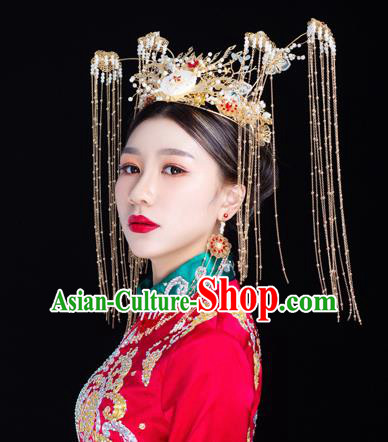 Traditional Handmade Chinese Wedding Jade Phoenix Coronet Hairpins Ancient Bride Hair Accessories for Women