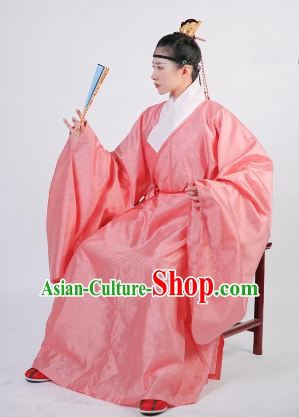 Traditional Chinese Hanfu Pink Robe Ancient Ming Dynasty Scholar Historical Costumes for Men