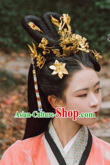 Traditional Chinese Tang Dynasty Princess Crane Hair Comb Hairpins Handmade Ancient Queen Hair Accessories for Women