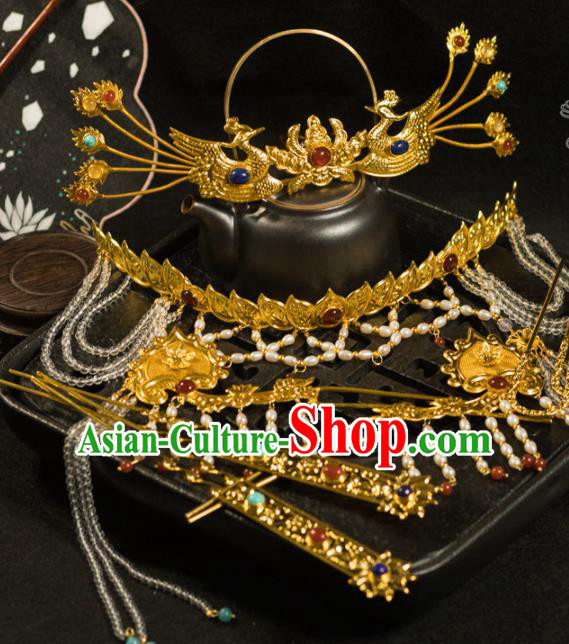 Traditional Chinese Tang Dynasty Princess Phoenix Hair Crown Hairpins Handmade Ancient Queen Hair Accessories for Women