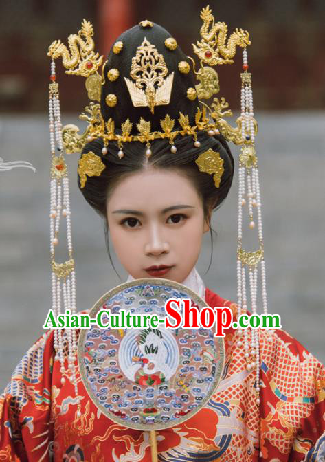 Traditional Chinese Ming Dynasty Empress Phoenix Hair Comb Dragon Tassel Hairpins Handmade Ancient Queen Hair Accessories for Women