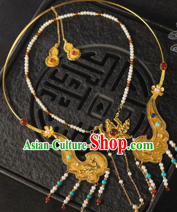 Chinese Traditional Tang Dynasty Wedding Golden Necklace Handmade Ancient Princess Necklet Accessories for Women