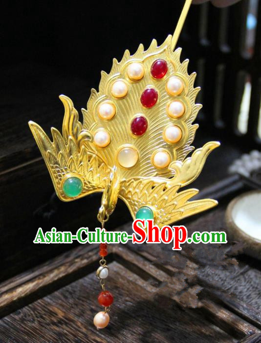 Chinese Traditional Ming Dynasty Princess Golden Phoenix Hairpins Handmade Ancient Royal Empress Hair Accessories for Women