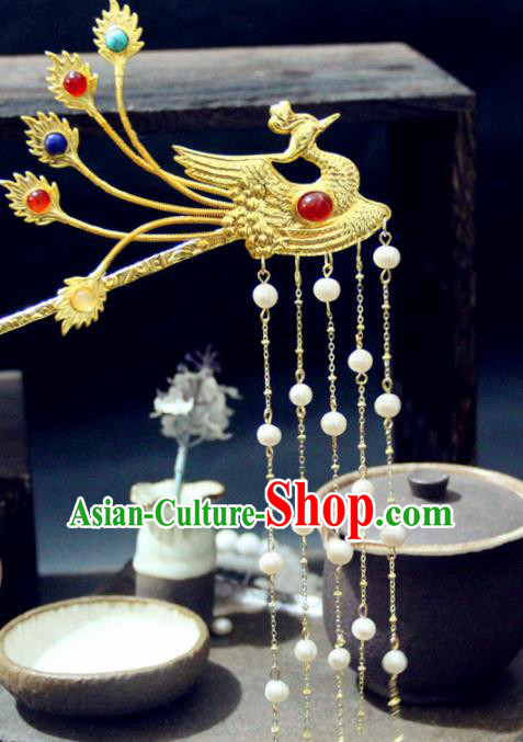 Chinese Traditional Tang Dynasty Golden Phoenix Hairpin Handmade Ancient Royal Empress Hair Accessories for Women