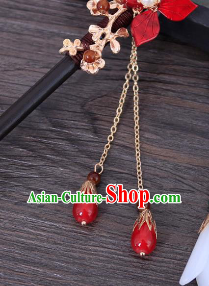 Traditional Chinese Ming Dynasty Sandalwood Red Flower Hairpins Handmade Ancient Swordsman Hair Accessories for Women