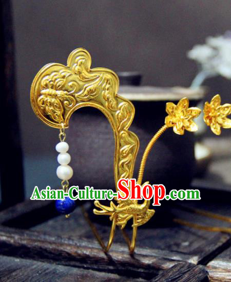 Chinese Traditional Tang Dynasty Princess Golden Phoenix Hairpin Handmade Ancient Royal Empress Hair Accessories for Women