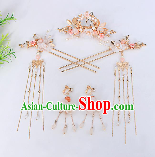 Traditional Chinese Hanfu Peach Blossom Hair Comb Hairpins Handmade Ancient Princess Hair Accessories Complete Set for Women