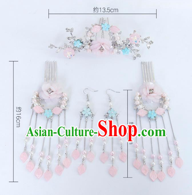 Traditional Chinese Hanfu Peach Blossom Tassel Hair Combs Hairpins Handmade Ancient Princess Hair Accessories Complete Set for Women