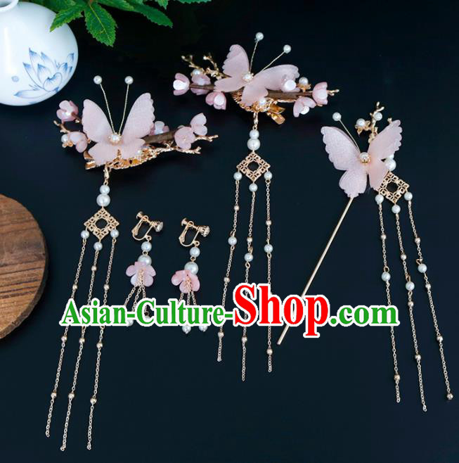 Traditional Chinese Hanfu Pink Silk Butterfly Hair Claw Handmade Ancient Princess Hair Accessories Complete Set for Women