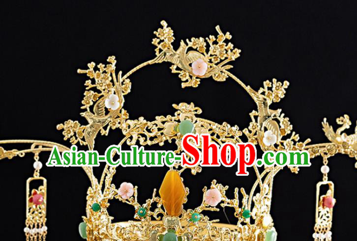 Traditional Chinese Hanfu Golden Plum Tassel Phoenix Coronet Handmade Ancient Princess Hair Accessories for Women