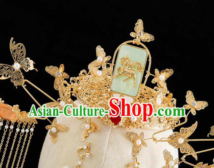 Traditional Chinese Hanfu Golden Butterfly Jade Tassel Phoenix Coronet Handmade Ancient Princess Hair Accessories for Women