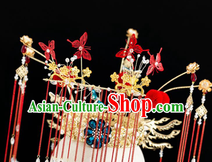 Traditional Chinese Hanfu Red Butterfly Tassel Phoenix Coronet Handmade Ancient Princess Hair Accessories for Women