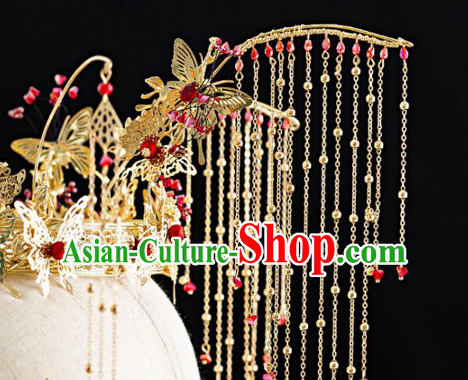 Traditional Chinese Hanfu Golden Butterfly Phoenix Coronet Handmade Ancient Princess Hair Accessories for Women