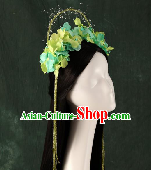 Traditional Chinese Song Dynasty Princess Wigs and Green Flowers Hairpins Ancient Seven Fairies Hair Accessories for Women