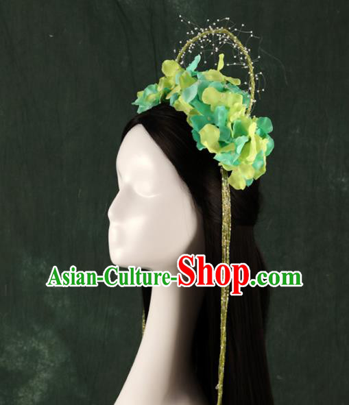 Traditional Chinese Song Dynasty Princess Wigs and Green Flowers Hairpins Ancient Seven Fairies Hair Accessories for Women