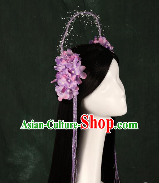 Traditional Chinese Song Dynasty Princess Wigs and Purple Flowers Hairpins Ancient Seven Fairies Hair Accessories for Women